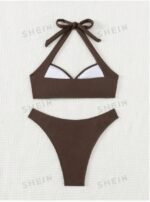 Women's Summer Beach Solid Color Ruffle Halterneck Bikini Set