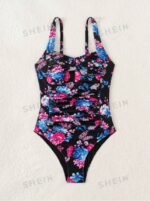 Women Summer Beach Ruched Floral Print One-Piece Swimsuit