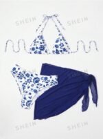 Mod Summer Beach Floral Print Triangle Bikini Set With Beach Skirt