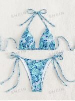 Women's Summer Beach Plant Print Halter Bandage Sexy Bikini Set, Random Print