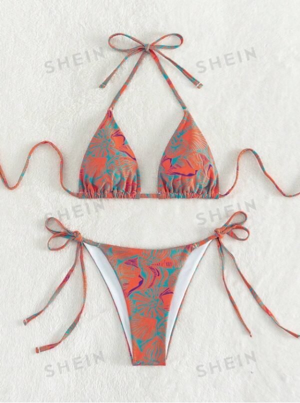 Women's Summer Beach Plant Print Halter Bandage Sexy Bikini Set, Random Print