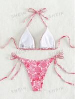 Women's Summer Beach Plant Print Halter Bandage Sexy Bikini Set, Random Print