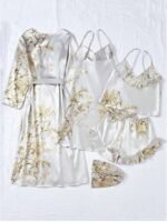 Silk-Like Flower Print Camisole Top & Shorts & Dress & Robe & Storage Bag, Pajama Set