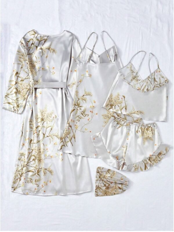 Silk-Like Flower Print Camisole Top & Shorts & Dress & Robe & Storage Bag, Pajama Set